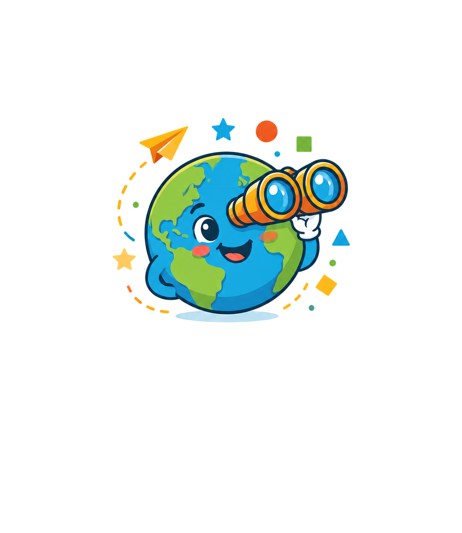 The Fun Seek globe mascot exploring with binoculars